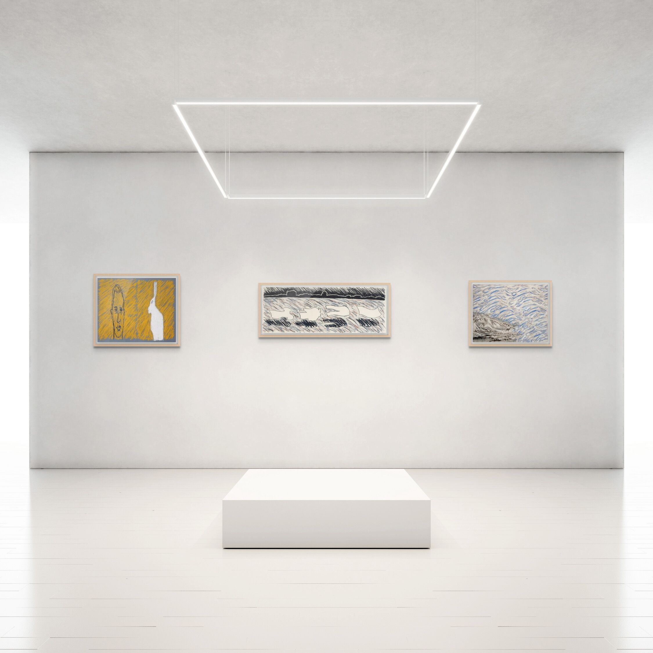 Aad Berlijn - ‘Man haas’ 'Wasgoed' en 'Konijnen' – pastel op papier, in interieur met lijst