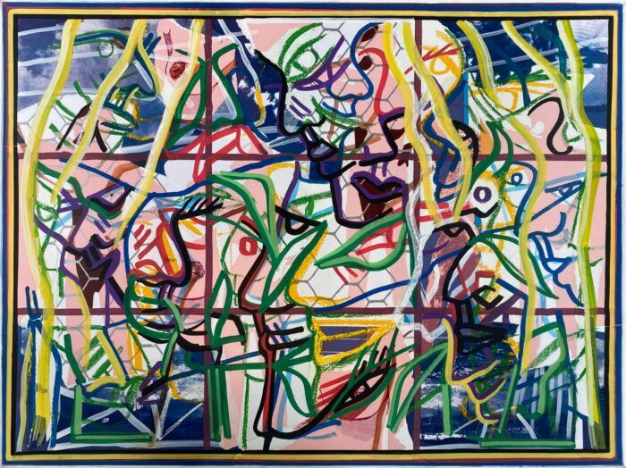 Thomas van der Linden -'Rose munten blauw+framboos'- gemengde techniek op doek