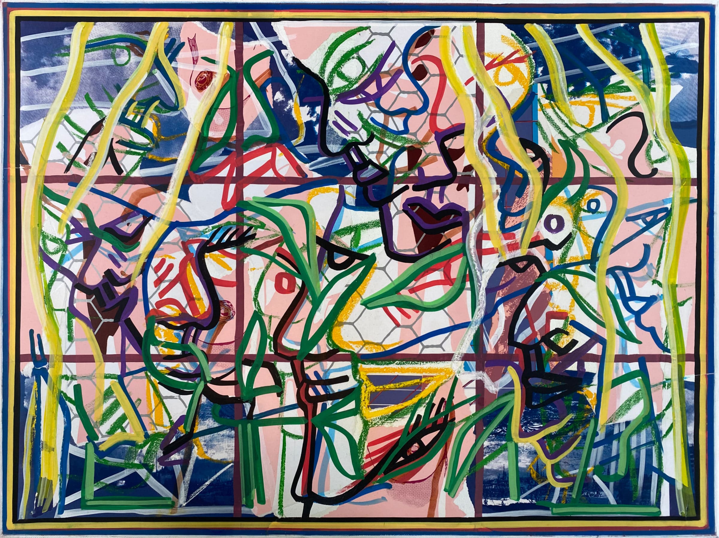 Thomas van der Linden -'Rose munten blauw+framboos'- gemengde techniek op doek