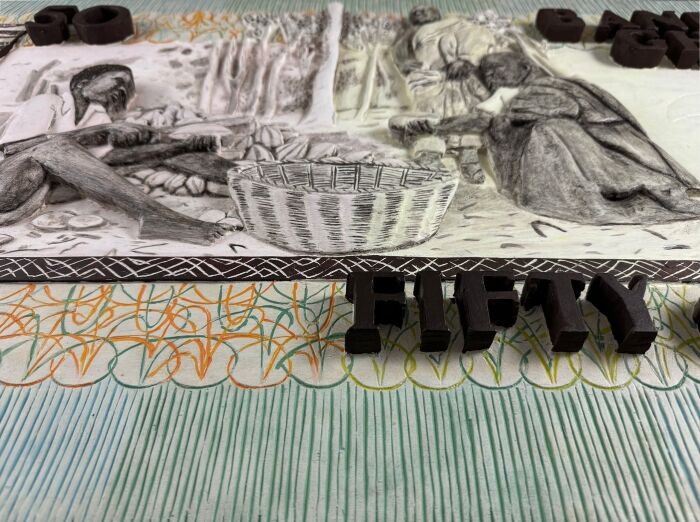 Thomas Tchopzan - '50 Cedis, Bank Of Ghana' - achteraanzicht, detail figuren, perspectief